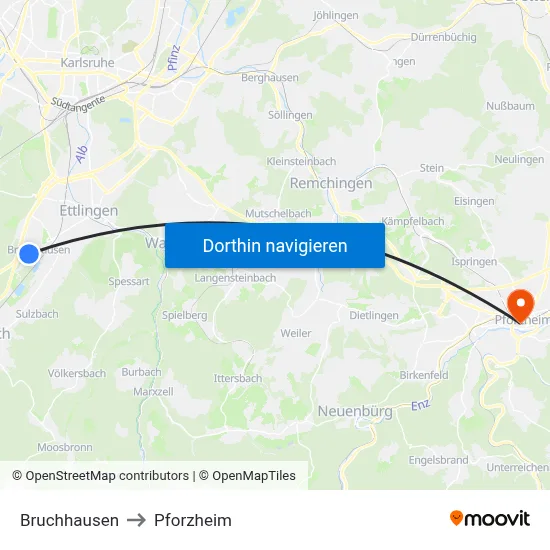 Bruchhausen to Pforzheim map