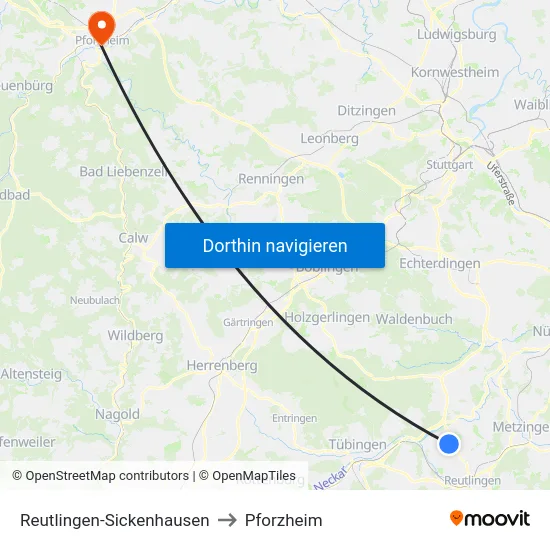 Reutlingen-Sickenhausen to Pforzheim map