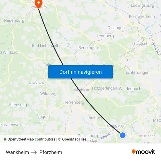 Wankheim to Pforzheim map