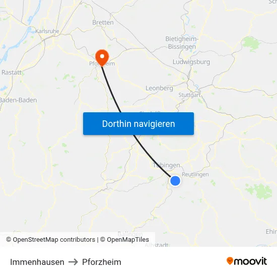 Immenhausen to Pforzheim map