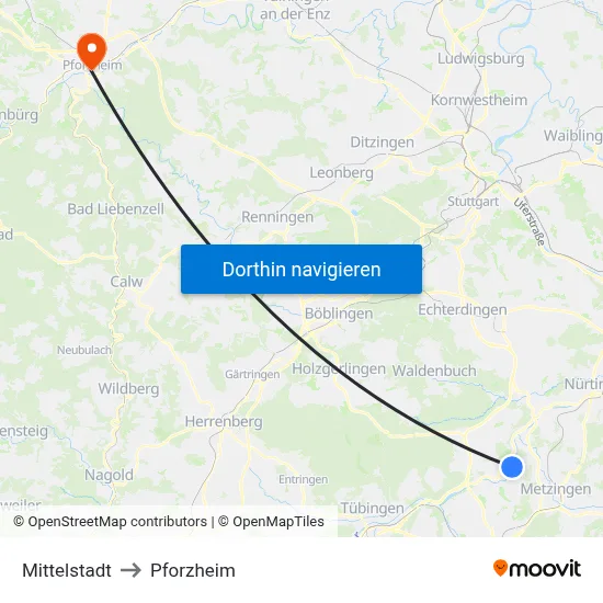 Mittelstadt to Pforzheim map