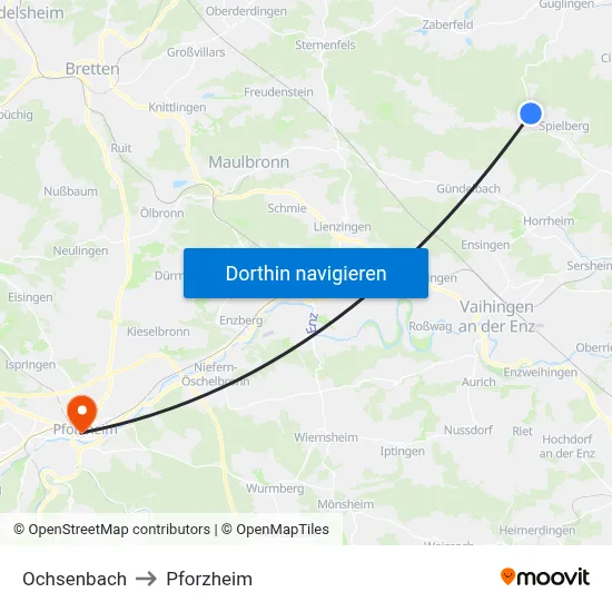 Ochsenbach to Pforzheim map