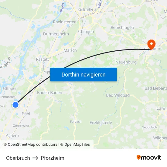 Oberbruch to Pforzheim map