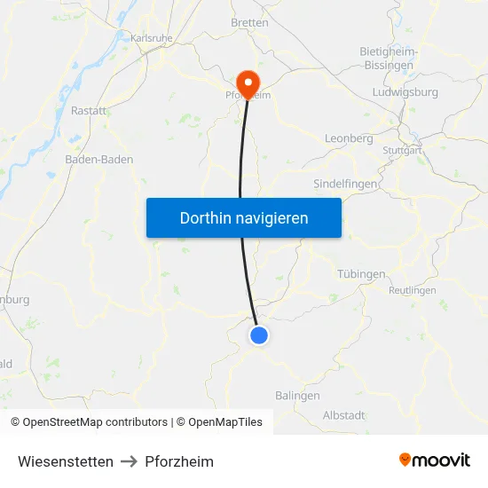 Wiesenstetten to Pforzheim map