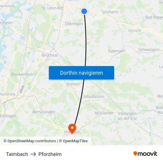 Tairnbach to Pforzheim map