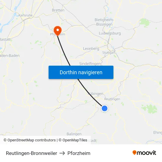 Reutlingen-Bronnweiler to Pforzheim map