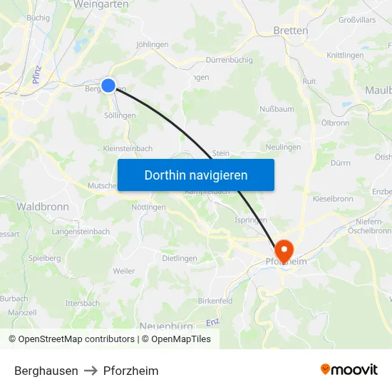 Berghausen to Pforzheim map