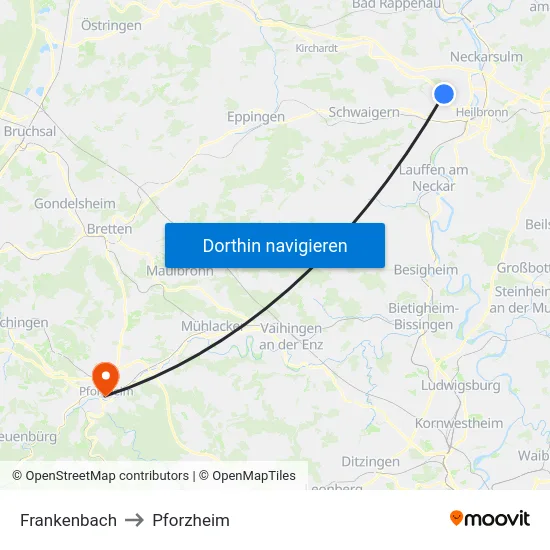 Frankenbach to Pforzheim map