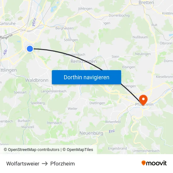 Wolfartsweier to Pforzheim map