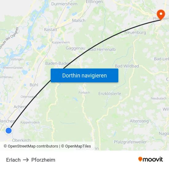 Erlach to Pforzheim map