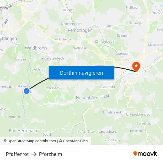 Pfaffenrot to Pforzheim map