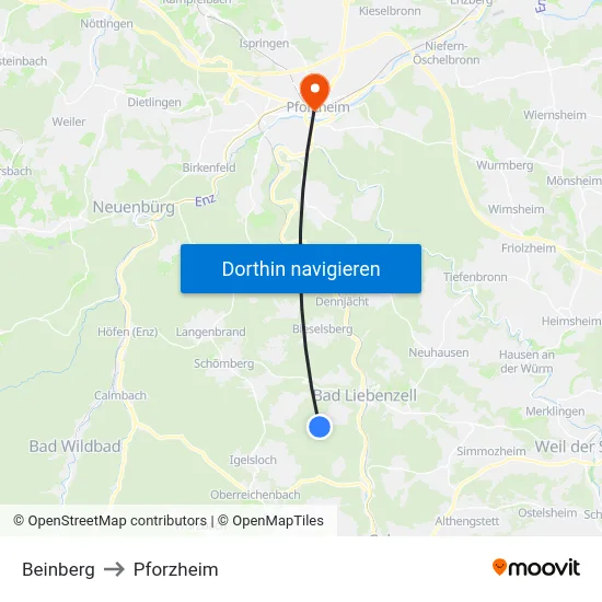 Beinberg to Pforzheim map