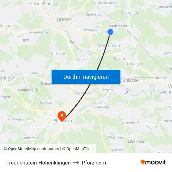 Freudenstein-Hohenklingen to Pforzheim map
