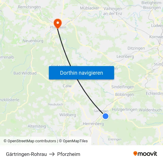 Gärtringen-Rohrau to Pforzheim map