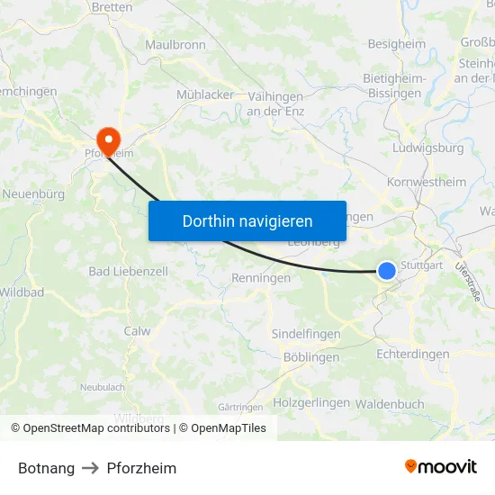 Botnang to Pforzheim map
