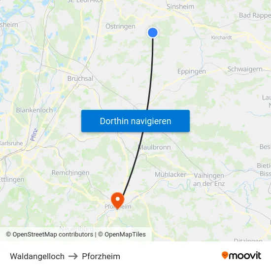 Waldangelloch to Pforzheim map