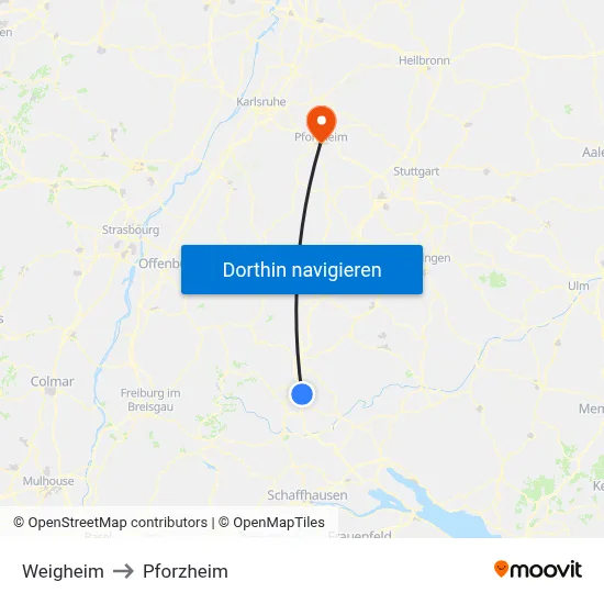 Weigheim to Pforzheim map