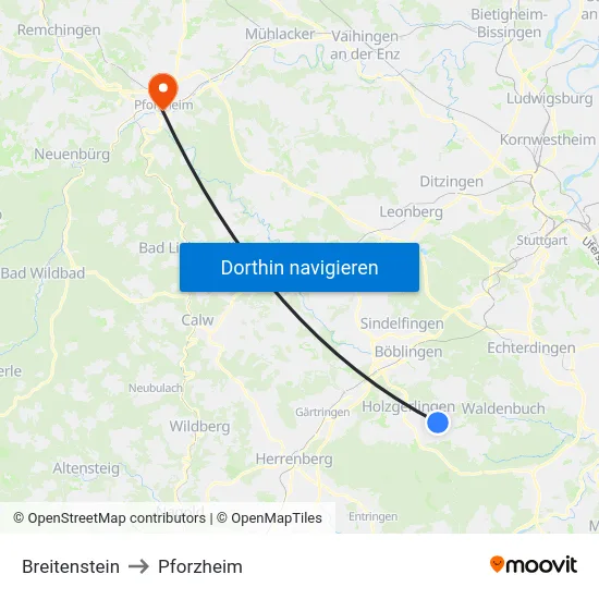 Breitenstein to Pforzheim map