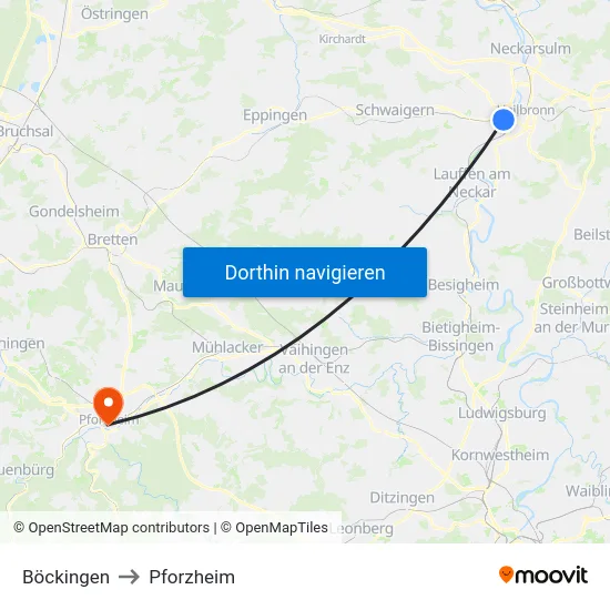 Böckingen to Pforzheim map