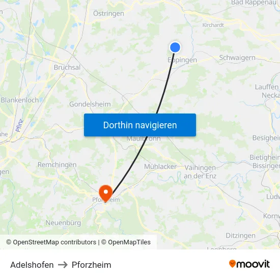 Adelshofen to Pforzheim map