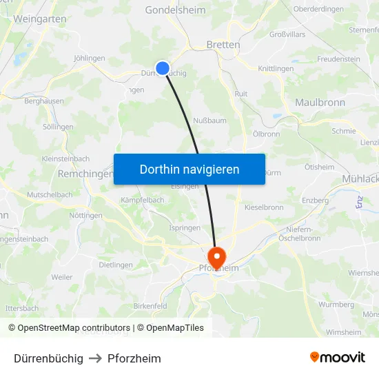 Dürrenbüchig to Pforzheim map