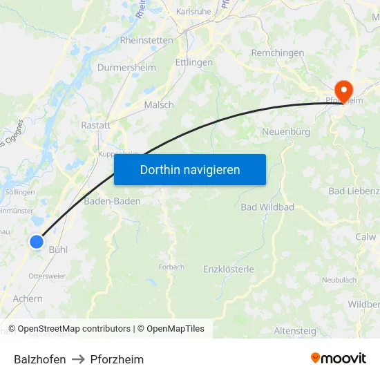 Balzhofen to Pforzheim map