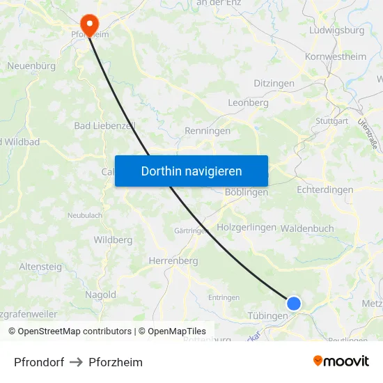 Pfrondorf to Pforzheim map