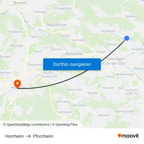Horrheim to Pforzheim map
