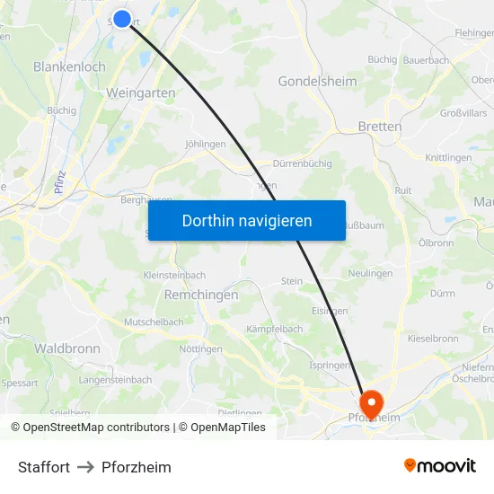 Staffort to Pforzheim map