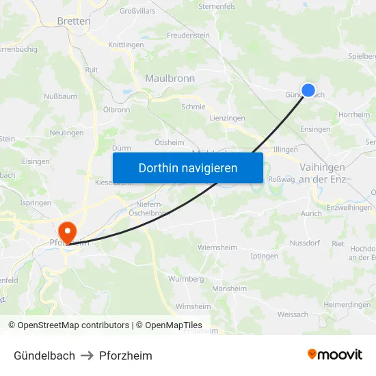 Gündelbach to Pforzheim map