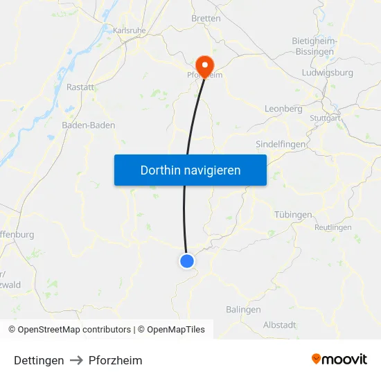 Dettingen to Pforzheim map