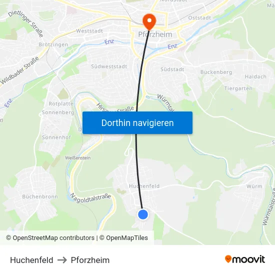 Huchenfeld to Pforzheim map