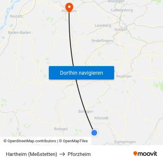 Hartheim (Meßstetten) to Pforzheim map
