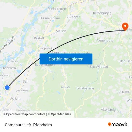 Gamshurst to Pforzheim map
