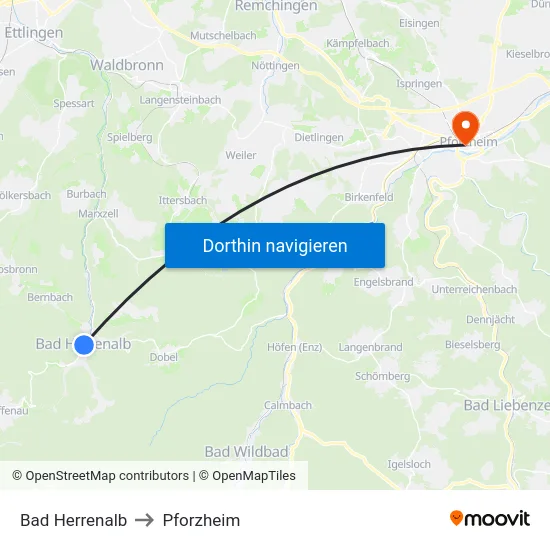 Bad Herrenalb to Pforzheim map