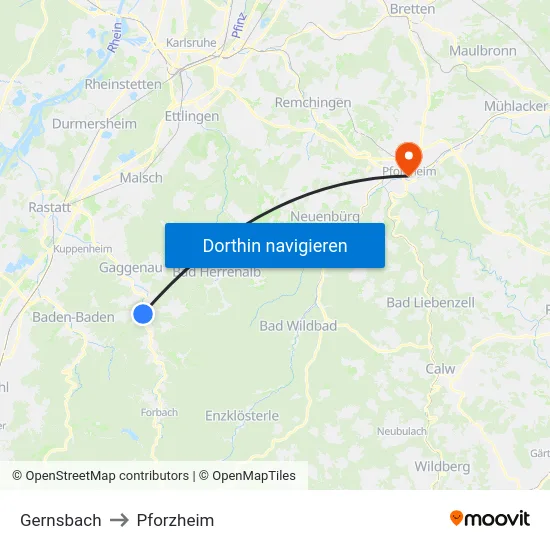 Gernsbach to Pforzheim map