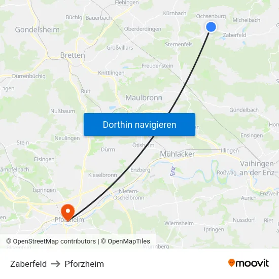 Zaberfeld to Pforzheim map