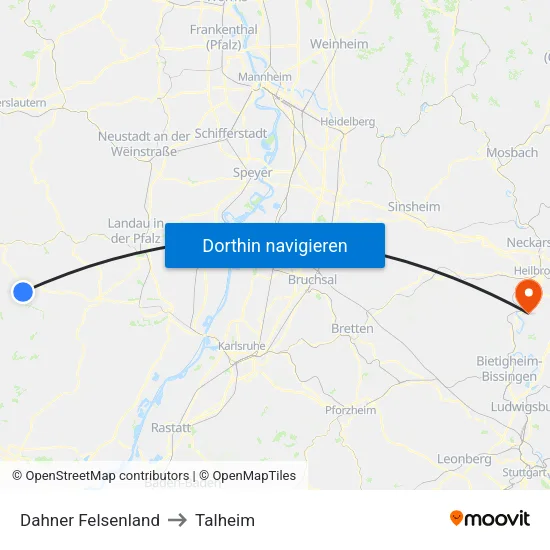 Dahner Felsenland to Talheim map