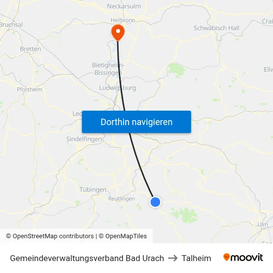 Gemeindeverwaltungsverband Bad Urach to Talheim map