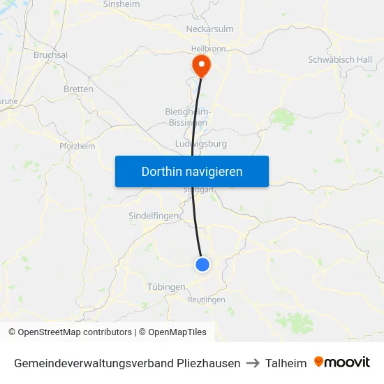 Gemeindeverwaltungsverband Pliezhausen to Talheim map