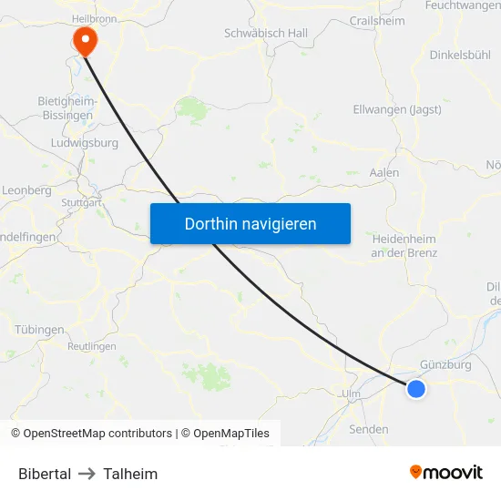 Bibertal to Talheim map
