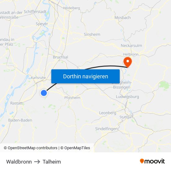 Waldbronn to Talheim map