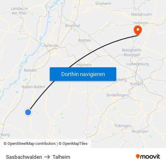 Sasbachwalden to Talheim map