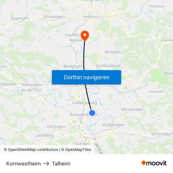 Kornwestheim to Talheim map