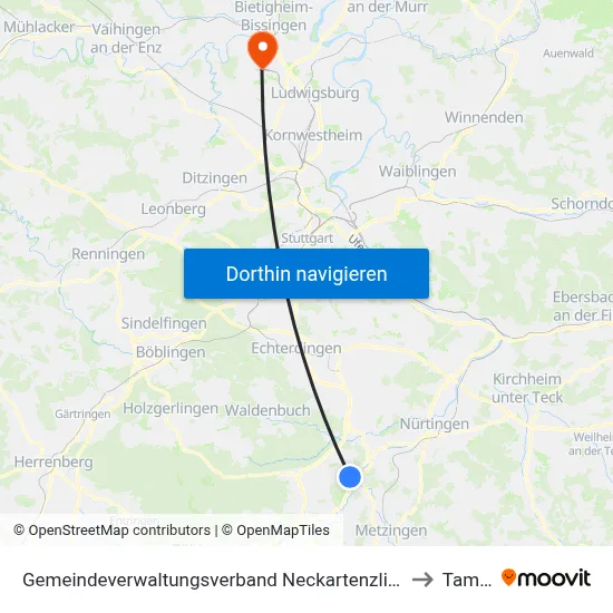 Gemeindeverwaltungsverband Neckartenzlingen to Tamm map