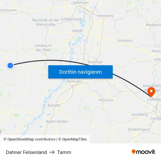 Dahner Felsenland to Tamm map