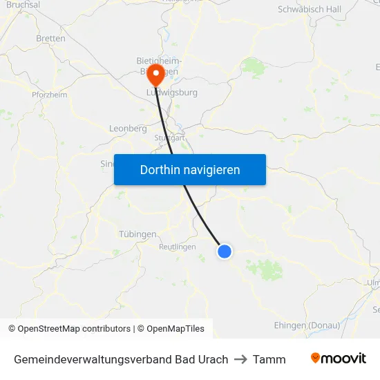 Gemeindeverwaltungsverband Bad Urach to Tamm map