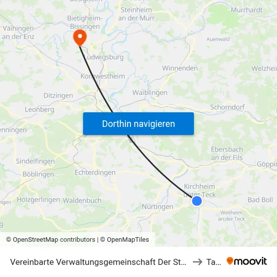 Vereinbarte Verwaltungsgemeinschaft Der Stadt Kirchheim Unter Teck to Tamm map