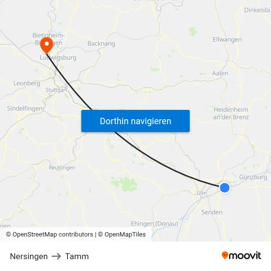 Nersingen to Tamm map