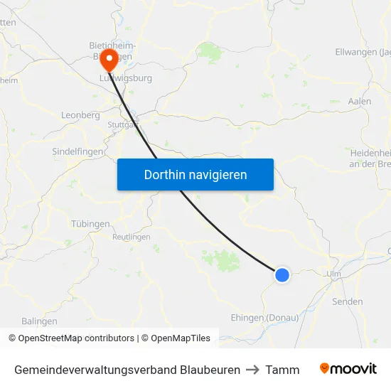 Gemeindeverwaltungsverband Blaubeuren to Tamm map
